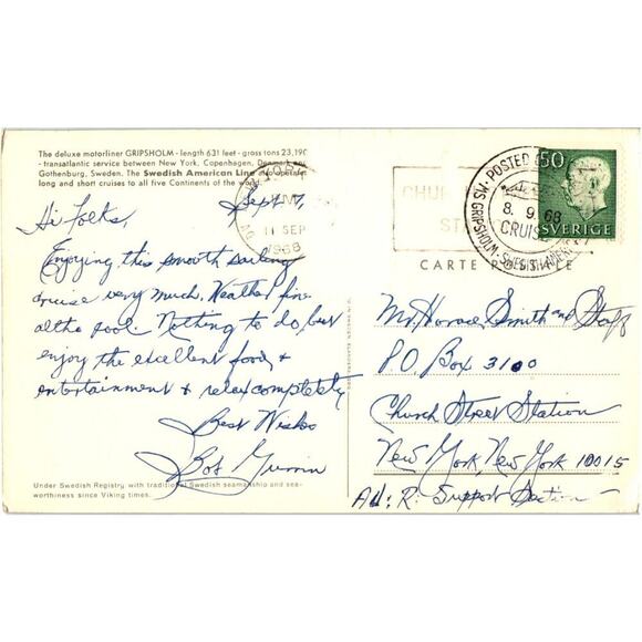 The Swedish American Line Deluxe Motorliner Gripsholm Length 631 Feet Postcard - Picture 2 of 2